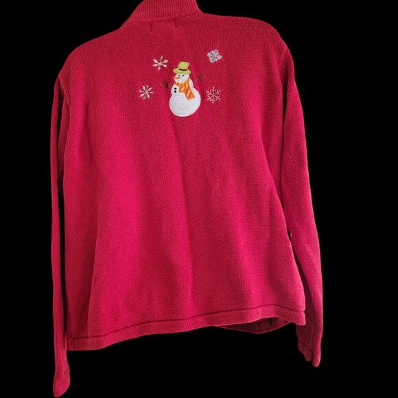 Vintage Red Christmas Snowman Knit Cardigan Sweater Womens Zip Up Holiday Winter - Picture 5 of 16